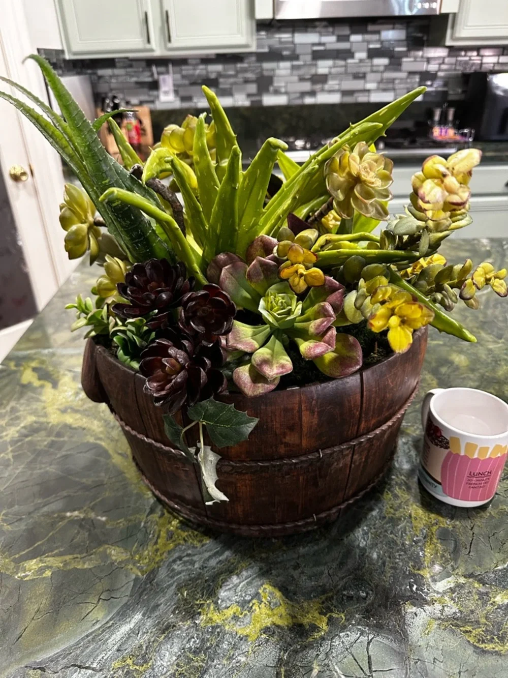 Succulent Barrel Arrangement -Green & Red Large rustic wood barrel planter 15x16
